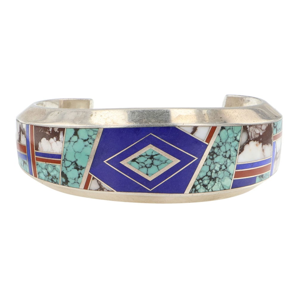 Benson Manygoats Navajo Turquoise Lapis Coral & Wildhorse Inlay Cuff Bracelet: Sterling Silver | Genuine Turquoise, Lapis, Coral, Wildhorse | Benson Manygoats Navajo Turquoise Lapis Coral & Wildhorse Inlay Cuff Bracelet | Navajo Native American Southwest Indian Jewelry | Good (n