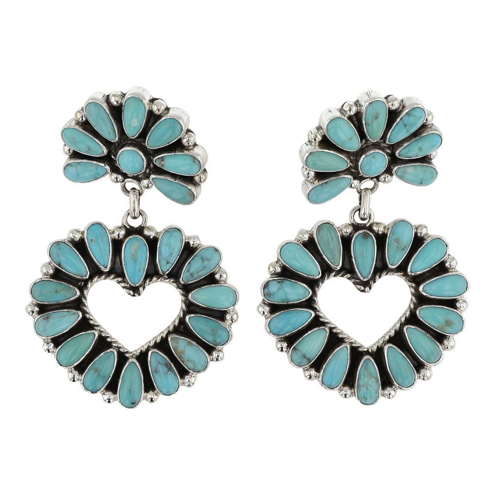 Compitos Turquoise Navajo heart Cluster Earrings: Sterling Silver | Genuine Compitos Turquoise | Compitos Turquoise Navajo heart Cluster Earrings | Navajo Native American Southwest Indian Jewelry | Good (no breaks or damages) | Approximate Weight: 30