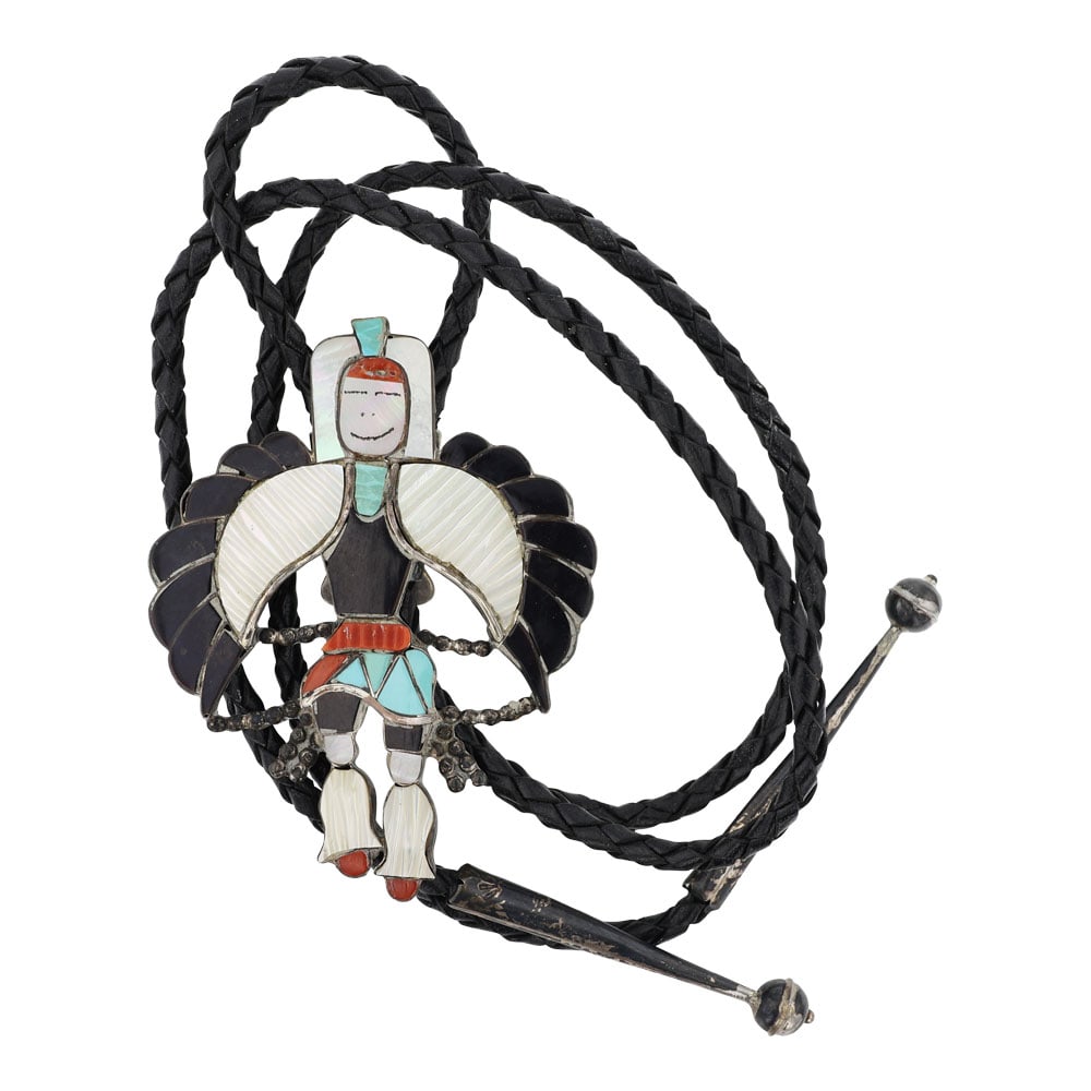 Vintage Zuni Turquoise Coral Mother of Pearl & Jet Inlay Bolo Tie: Sterling Silver | Genuine Turquoise, Coral, Mother of Peral & Jet | Vintage Zuni Turquoise Coral Mother of Pearl & Jet Inlay Bolo Tie | Zuni Native American Southwest Indian Jewelry | Good (no breaks 
