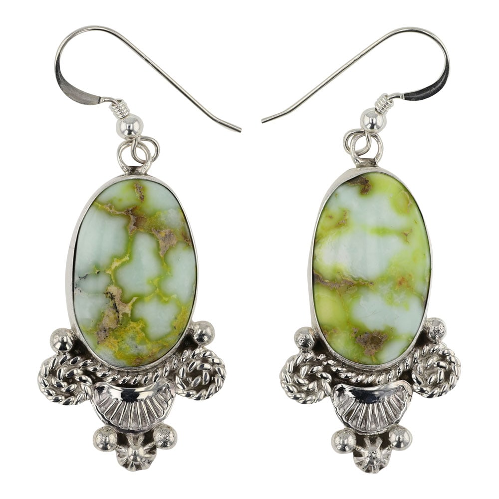 Ella Linkin Navajo Palomino Variscite Earrings: Sterling Silver | Genuine Palomino Variscite | Ella Linkin Navajo Palomino Variscite Earrings | Navajo Native American Southwest Indian Jewelry | Good (no breaks or damages) | Approximate Weight: 12 G
