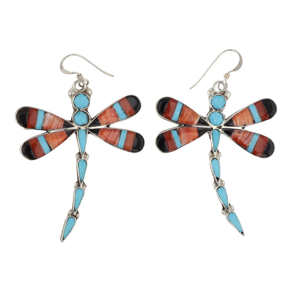 Zuni Turquoise Coral Spiny Oyster & Jet Inlay Dragonfly Earrings (1 of 2)