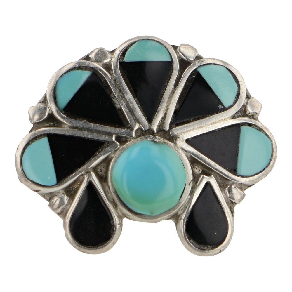 Zuni Turquoise & Jet Inlay Ring: Sterling Silver | Genuine Turquoise & Jet | Zuni Turquoise & Jet Inlay Ring | Zuni Native American Southwest Indian Jewelry | Good (no breaks or damages) | Approximate Weight: 3 Grams | Ring: 6.25 siz