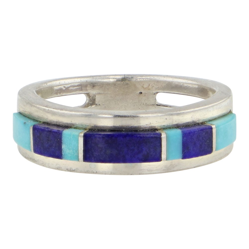Patrick Smith Navajo Lapis & Turquoise Inlay Ring: Sterling Silver | Genuine Lapis & Turquoise | Patrick Smith Navajo Lapis & Turquoise Inlay Ring | Navajo Native American Southwest Indian Jewelry | Good (no breaks or damages) | Approximate Weight: 3