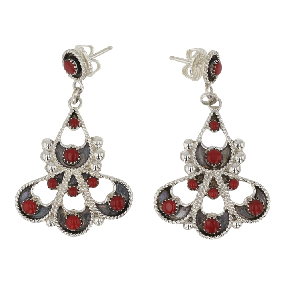Zuni Mediterranean Coral Chandelier Earrings: Sterling Silver | Genuine Mediterranean Coral | Zuni Mediterranean Coral Chandelier Earrings | Zuni Native American Southwest Indian Jewelry | Good (no breaks or damages) | Approximate Weight: 5 Grams