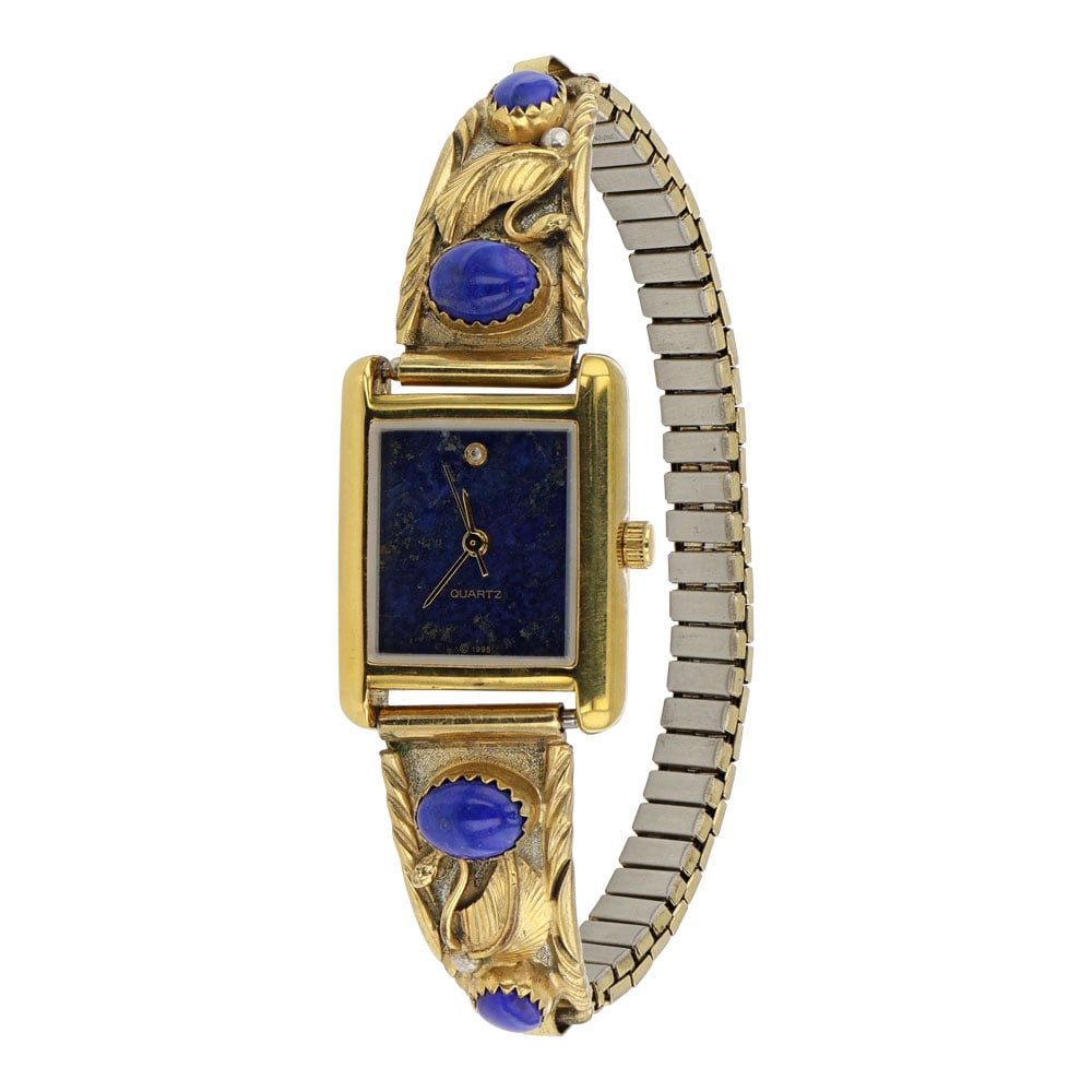 RB Navajo Lapis Sterling Silver & Gold Filled Watch Bracelet: Sterling Silver | Genuine Lapis | RB Navajo Lapis Sterling Silver & Gold Filled Watch Bracelet | Navajo Native American Southwest Indian Jewelry | Good (no breaks or damages) | Approximate Weight: 25 