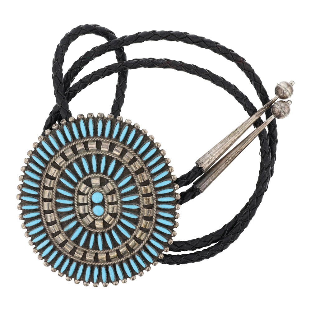 Vintage Zuni Sleeping Beauty Turquoise Needlepoint Bolo Tie: Sterling Silver | Genuine Sleeping Beauty Turquoise | Vintage Zuni Sleeping Beauty Turquoise Needlepoint Bolo Tie | Zuni Native American Southwest Indian Jewelry | Good (no breaks or damages) | Approx