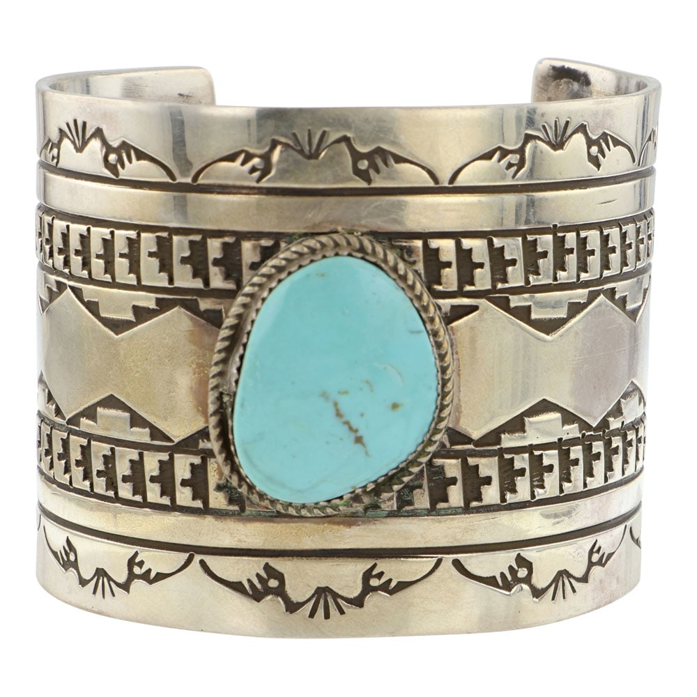 Rick Enriquez Navajo Compitos Turquoise Wide Stamp Work Cuff Bracelet (1 of 3)
