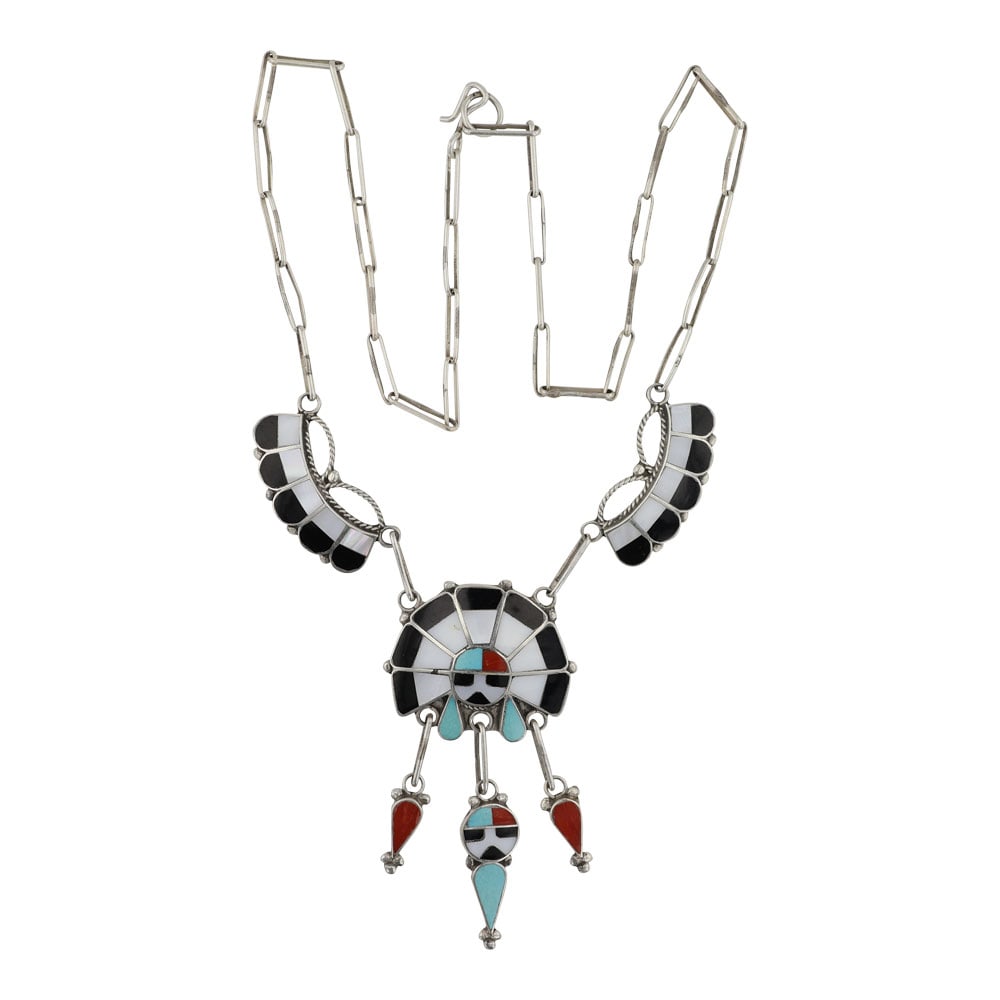 Rick Lateyice Zuni Turquoise Coral Acoma Jet & Mother of Pearl Inlay Necklace: Sterling Silver | Genuine Turquoise, Coral, Acoma Jet & Mother of Peral | Rick Lateyice Zuni Turquoise Coral Acoma Jet & Mother of Pearl Inlay Necklace | Zuni Native American Southwest Indian Jewelry 