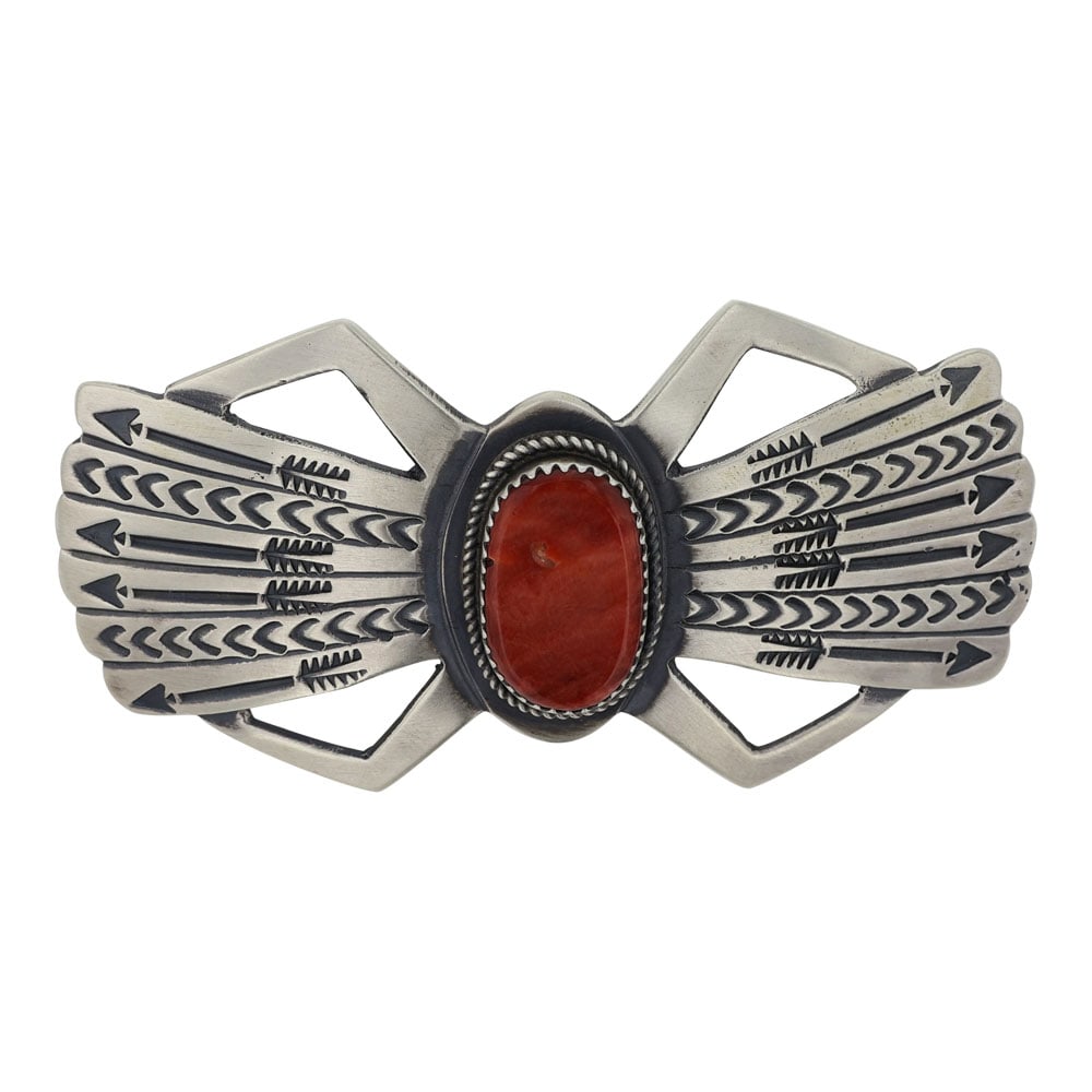 Mary Cayatineto Navajo Spiny Oyster Hair Barrette: Sterling Silver | Genuine Spiny Oyster | Mary Cayatineto Navajo Spiny Oyster Hair Barrette | Navajo Native American Southwest Indian Jewelry | Good (no breaks or damages) | Approximate Weight: 27 Gram