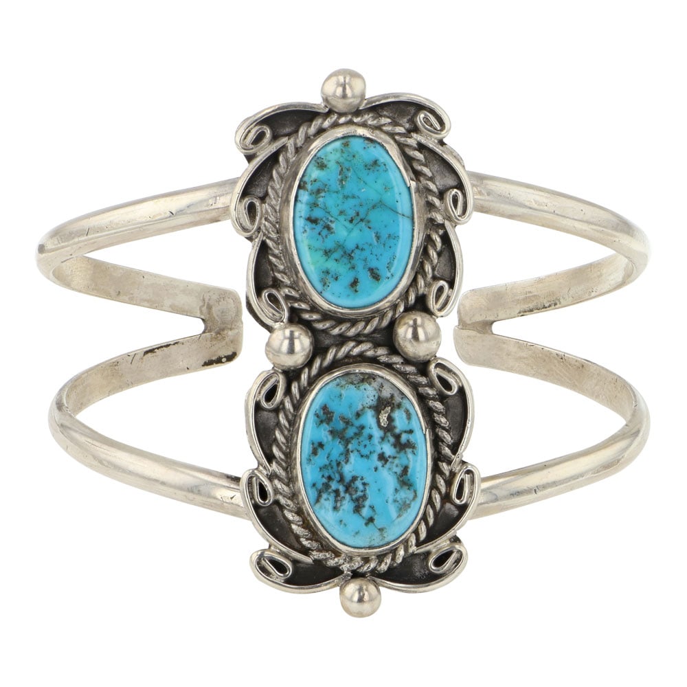 Gilbert Nez Navajo Kingman Turquoise Two Stone Bracelet (1 of 3)
