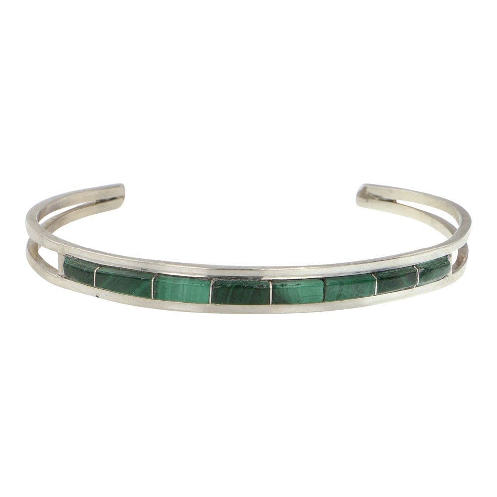 Anson & Leticia Wallace Zuni Malachite Inlay Bracelet: Sterling Silver | Genuine Malachite | Anson & Leticia Wallace Zuni Malachite Inlay Bracelet | Zuni Native American Southwest Indian Jewelry | Good (no breaks or damages) | Approximate Weight: 10 Grams