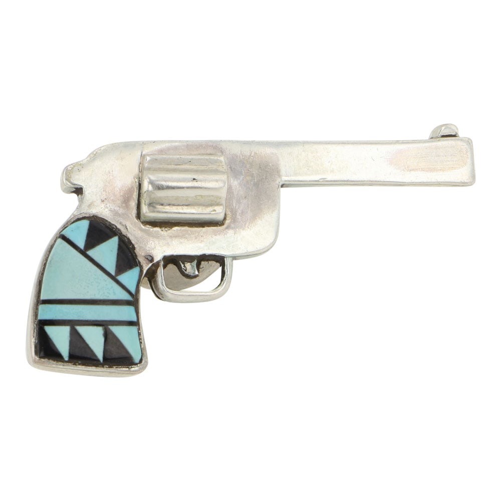 Navajo Turquoise & Jet Inlay Revolver Pin: Sterling Silver | Genuine Turquoise & Jet Inlay | Navajo Turquoise & Jet Inlay Revolver Pin | Navajo Native American Southwest Indian Jewelry | Good (no breaks or damages) | Approximate Weight: 5 Gram