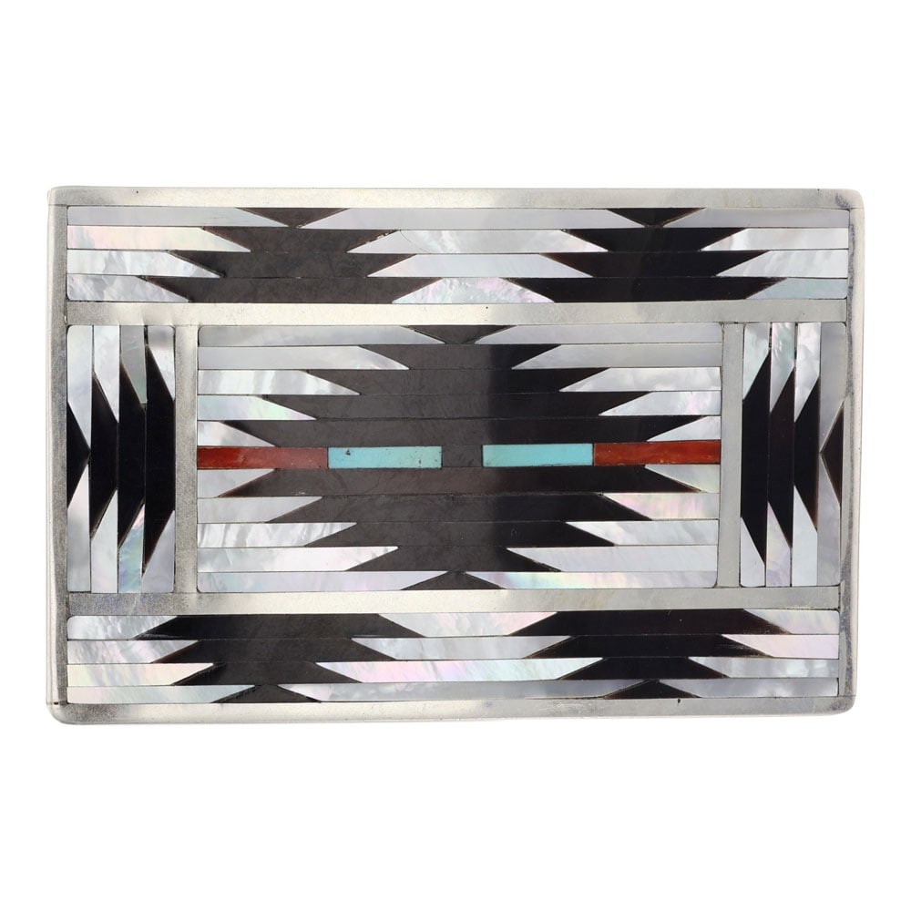 Charlotte Dishta Zuni Turquoise Coral Mother of Pearl & Jet Black Inlay Belt Buckle (1 of 2)