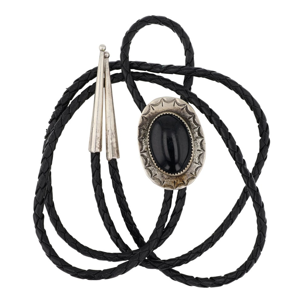 Vintage Navajo Black Onyx Bolo Tie: Sterling Silver | Genuine Black Onyx | Vintage Navajo Black Onyx Bolo Tie | Navajo Native American Southwest Indian Jewelry | Good (no breaks or damages) | Approximate Weight: 25 Grams | Bolo Tie: 18"