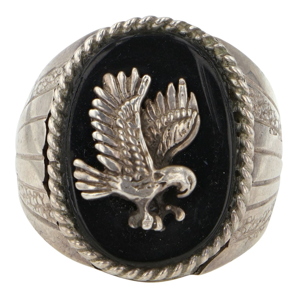 Silver Ray Navajo Jet Black Inlay Men's Eagle Ring (1 of 3)
