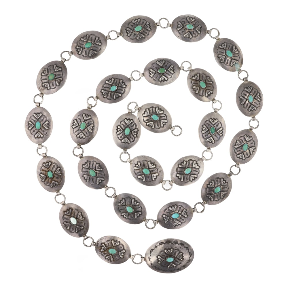 Vintage Navajo Kingman Turquoise Link Concho Belt: Sterling Silver | Genuine Kingman Turquoise | Vintage Navajo Kingman Turquoise Link Concho Belt | Navajo Native American Southwest Indian Jewelry | Good (no breaks or damages) | Approximate Weight: 96