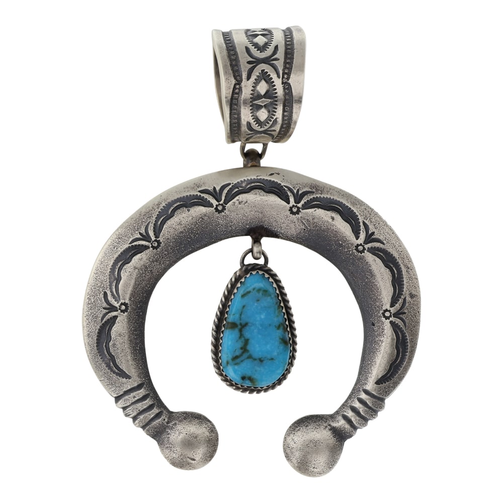 Mary Cayatineto Navajo Turquoise Naja Pendant: Sterling Silver | Genuine Turquoise | Mary Cayatineto Navajo Turquoise Naja Pendant | Navajo Native American Southwest Indian Jewelry | Good (no breaks or damages) | Approximate Weight: 49 Grams | Pen