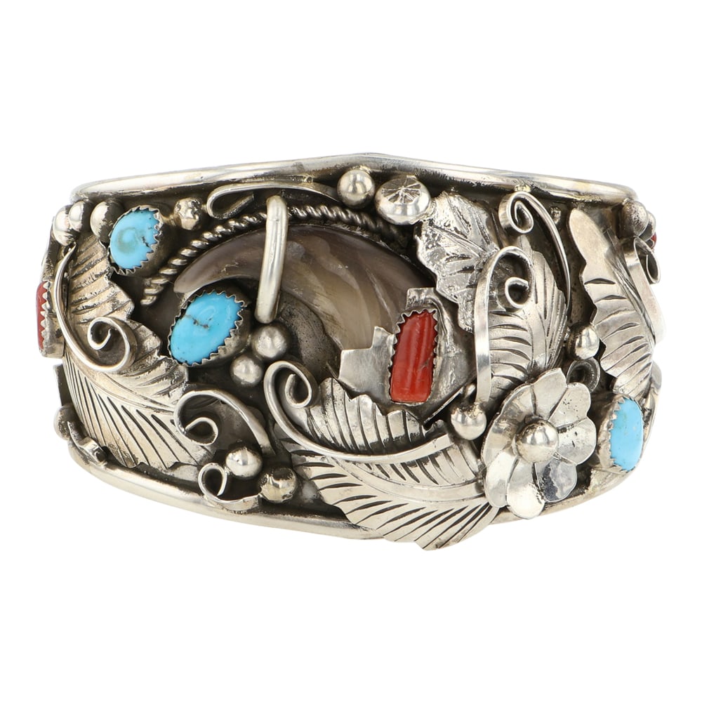 James Toadlena Navajo Turquoise Coral Bear Claw Cuff bracelet (1 of 4)