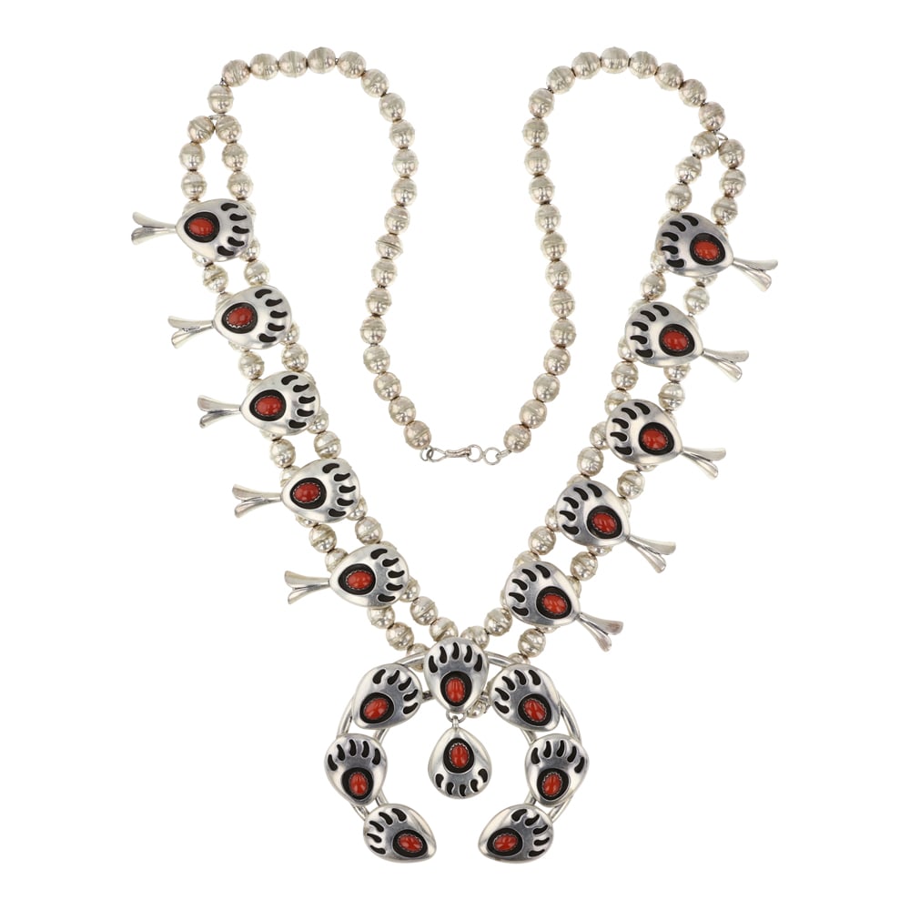 Kathleen Chavez Navajo Mediterranean Coral Bearpaw Squash Blossom Necklace: Sterling Silver | Genuine Mediterranean Coral | Kathleen Chavez Navajo Mediterranean Coral Bearpaw Squash Blossom Necklace | Navajo Native American Southwest Indian Jewelry | Good (no breaks or damage