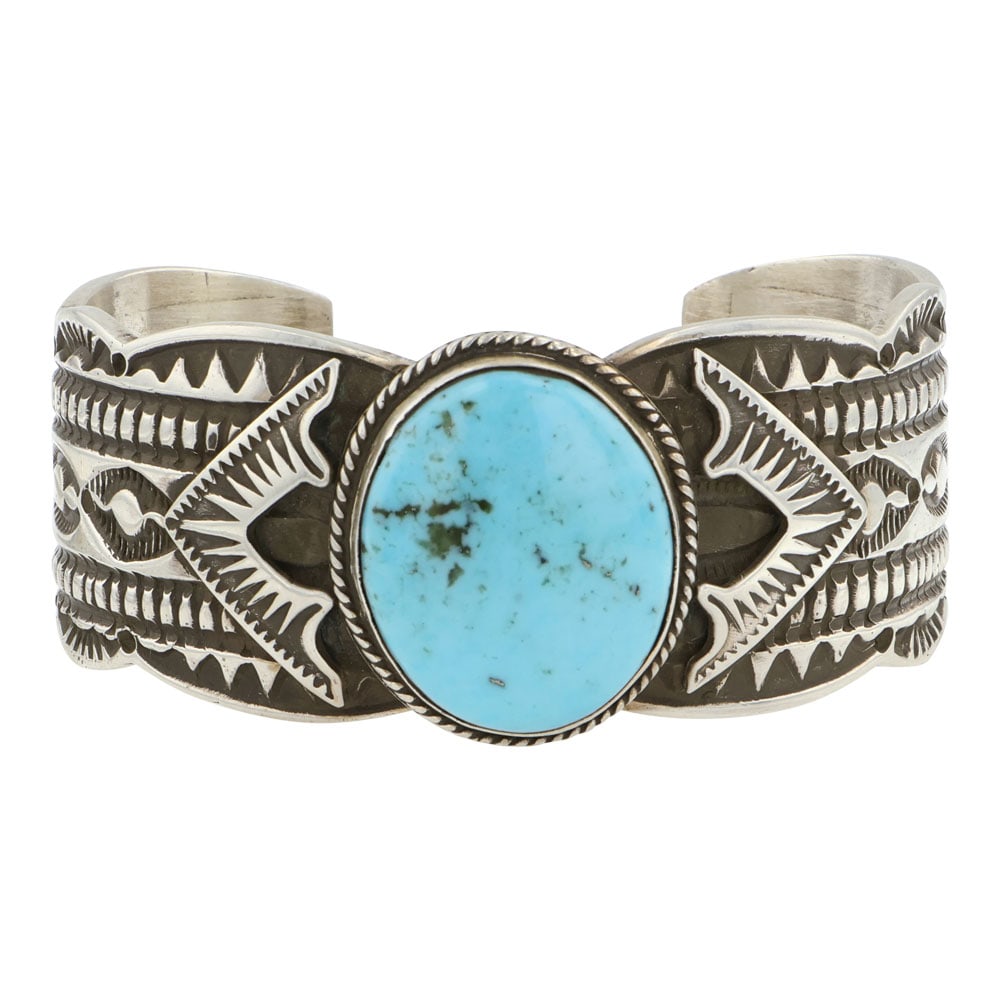 Freddie Maloney Navajo Kingman Turquoise Deep Stamp-Work Cuff Bracelet (1 of 4)