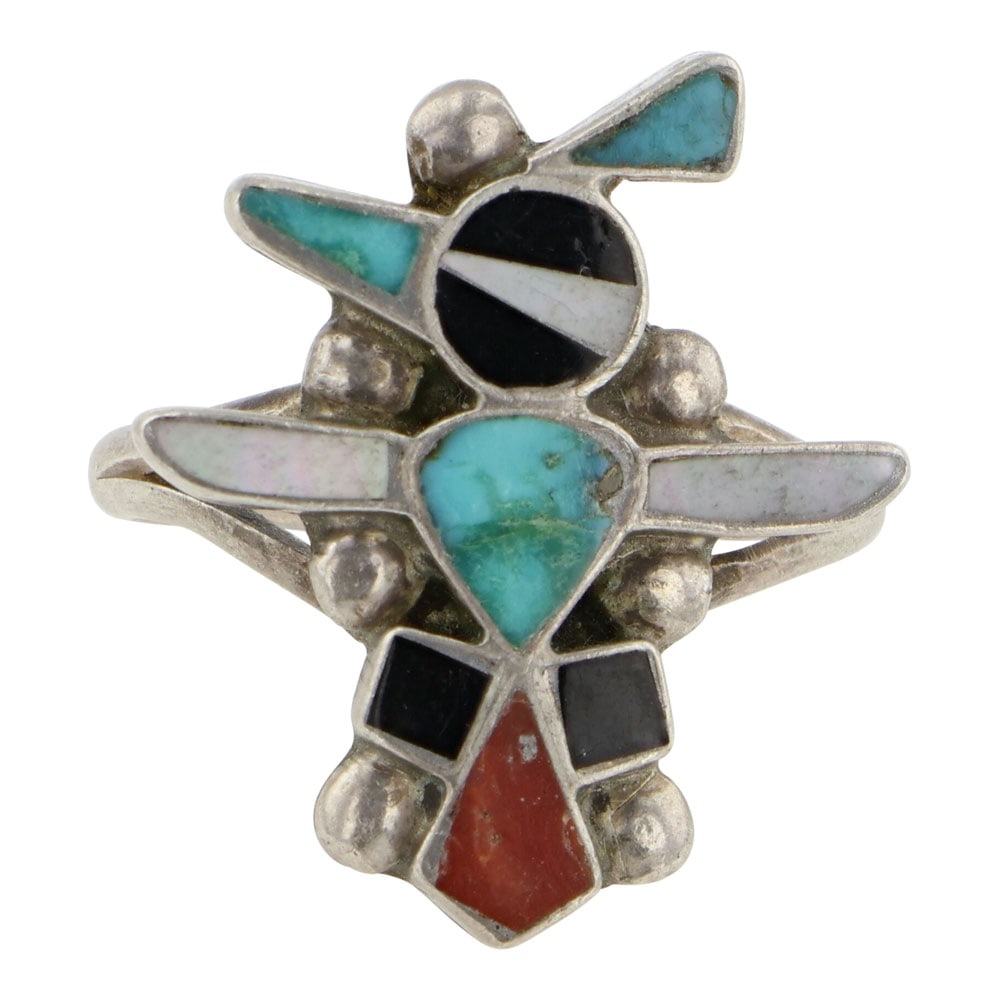Vintage Zuni Thunderbird Turquoise Coral & Mother of Pearl Inlay Ring (1 of 3)