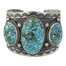 Mark Yazzie Navajo Turquoise Mountain Turquoise Three Stone Large Stamp-Work Cuff Bracelet
