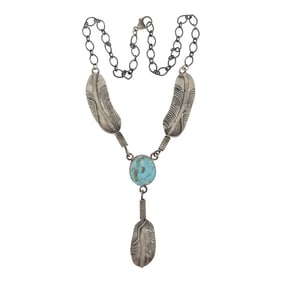 Kobe Martinez Navajo Nevada Turquoise Feather Necklace