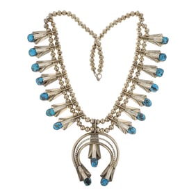 Louise Yazzie Navajo Kingman Turquoise Squash Blossom Necklace