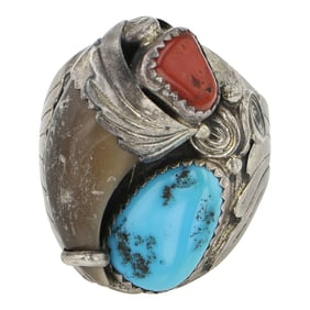Vintage Navajo Turquoise Coral & Bear Claw Men's Ring