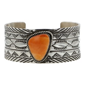Rick Enriquez Navajo Spiny Oyster Stamp-Work Cuff Bracelet