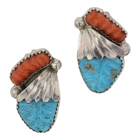 Zuni Turquoise & Coral Carved Clip-on Earrings