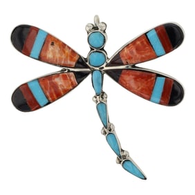 RB Navajo Turquoise Spiny Oyster & Jet inlay Dragonfly Pin/ Pendant