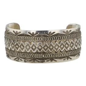 Vintage Navajo Plain Silver Stamp-Work Cuff Bracelet