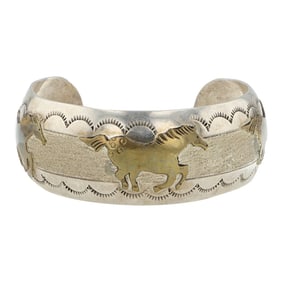 Vintage Navajo Sterling Silver & 12 K Gold Filled Running Horses Cuff Bracelet