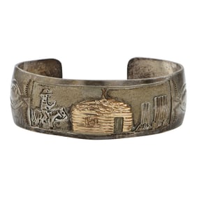 Vintage Navajo Sterling Silver & Gold Filled Story Teller Cuff Bracelet
