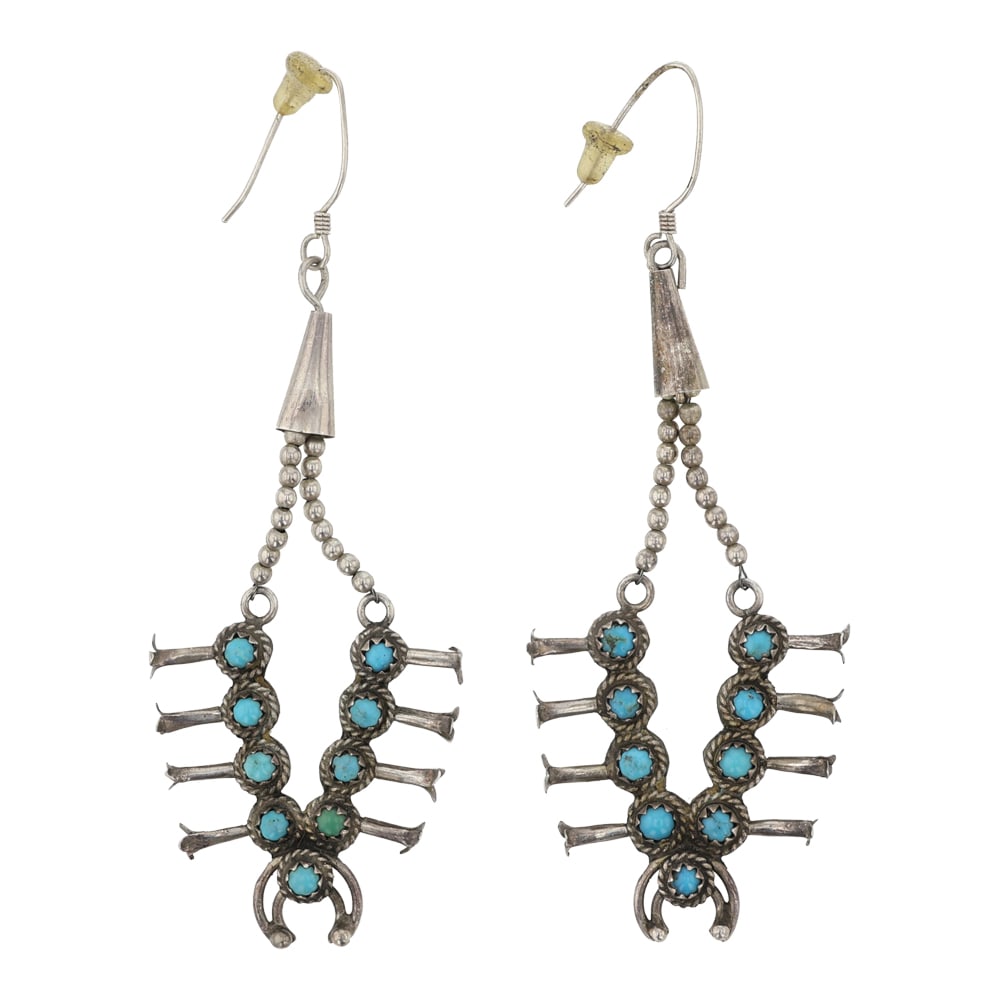 Vintage Navajo Kingman Turquoise Mini Squash Blossom Earrings (1 of 2)