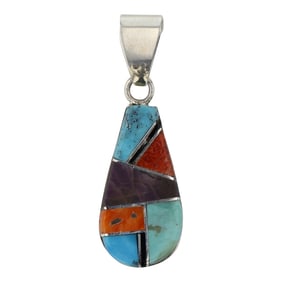 Navajo Turquoise Coral Spiny Oyster & Charoite Inlay Pendant