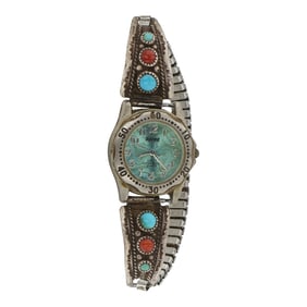 Navajo Turquoise & Coral Watch bracelet