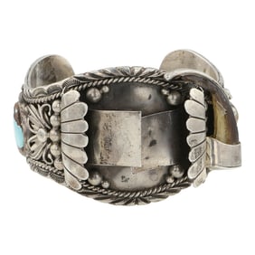 Navajo Grandfather Eagle Southwest Shop Boulder Turquoise & Bear Claw Watch Bracelet