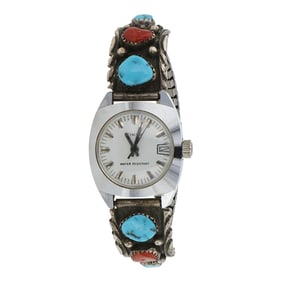 Vintage Navajo Turquoise & Coral Watch Bracelet