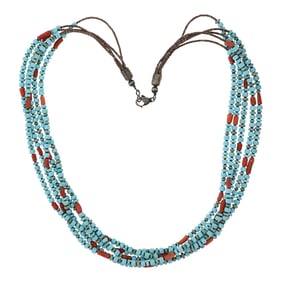 Navajo Turquoise Shell Heishi & Mediterranean Coral Five Strand Necklace