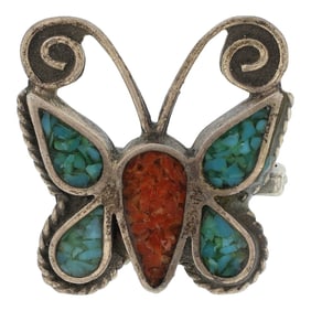 Vintage Navajo Turquoise & Coral Chip Inlay Butterfly Pin