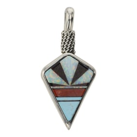 Navajo Turquoise Coral Jet & Synthetic Opal Inlay Arrowhead Pendant
