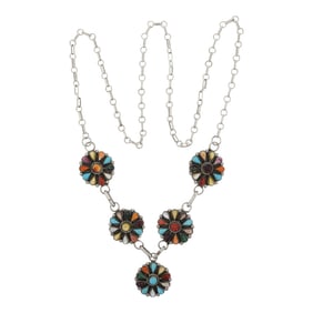 Phyllis Coonsis Zuni Turquoise Coral Spiny Oyster Malachite Mother of Pearl & Shell Cluster Necklace