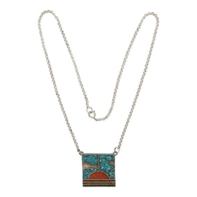 Vintage Navajo Turquoise & Coral Chip Inlay Necklace