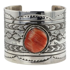 Rick Enriquez Navajo Spiny Oyster Wide Stamp-Work Cuff Bracelet