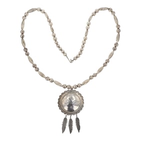 Vintage Navajo Plain Silver Bench Beads & Feather Necklace