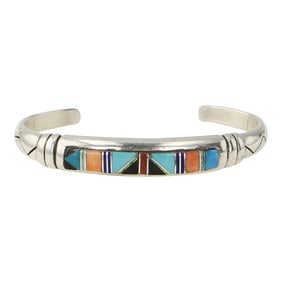 Navajo Turquoise Coral Lapis & Synthetic Opal Inlay Cuff Bracelet