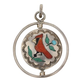 Vintage Zuni Turquoise Coral Mother of Peral & Jet Inlay Reversible Birds Pendant