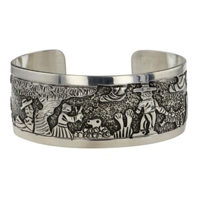Elaine Becenti Navajo Plain Silver Story Teller Cuff Bracelet